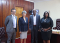 (from left) Senior Regional Programme Coordinator for the Western Hemisphere, Andrea Dabizzi; 

Regional Director, Michele Klein-Solomon for North America, Central America and the Caribbean; 

Labour Minister, Joseph Hamilton; and Project Coordinator for the Caribbean, Eraina Yaw at the IOM meeting