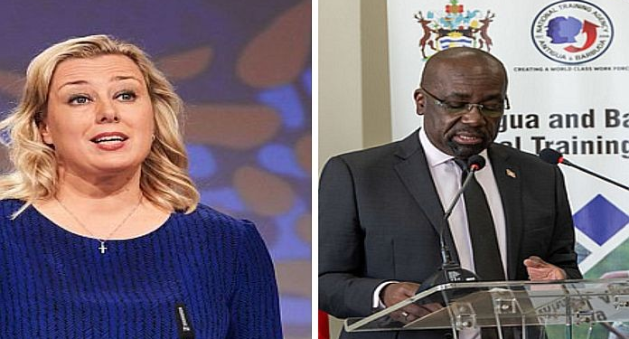 European Commissioner for International Partnerships Jutta Urpilainen and Chair of CARIFORUM E.P. Chet Greene, minister of foreign affairs of Antigua and Barbuda