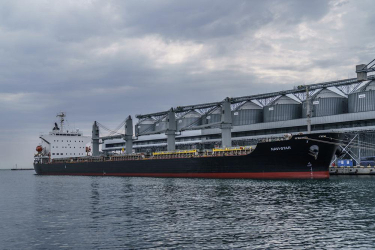 The ship Navi-Star sits full of grain since Russia's invasion of Ukraine began five months ago as it waits to sail from the Odesa Sea Port, in Odesa, Ukraine