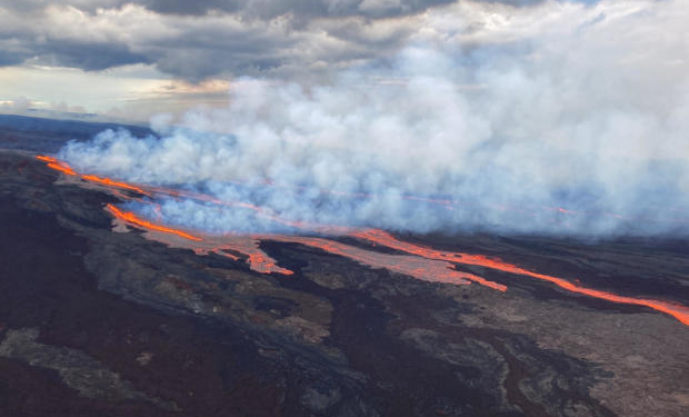 In this aerial photo released by the U.S. Geological Survey, the Mauna Loa volcano is seen erupting from vents on the Northeast Rift Zone on the Big Island of Hawaii, Nov. 28, 2022.