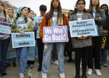 Proponents for affirmative action in higher education rally in front of the U.S. Supreme Court before oral arguments in
Students for Fair Admissions v. President and Fellows of Harvard College and Students for Fair Admissions v. University of North Carolina