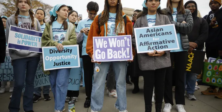 Proponents for affirmative action in higher education rally in front of the U.S. Supreme Court before oral arguments in
Students for Fair Admissions v. President and Fellows of Harvard College and Students for Fair Admissions v. University of North Carolina