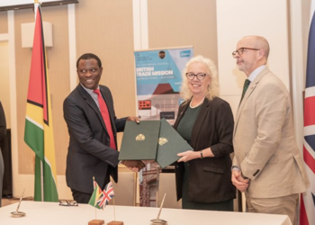 Minister of Foreign Affairs and International Cooperation, Hugh Todd (left), with British High Commissioner to Guyana, H.E. Jane Miller, OBE and His Majesty’s Trade Commissioner for Latin America and the Caribbean, Jonathan Knott