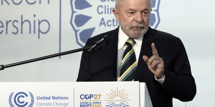 Brazilian President-elect Luiz Inácio Lula da Silva gestures while he speaks Wednesday at the COP 27 U.N. climate summit in Sharm el-Sheikh, Egypt. AP Photo/Nariman El-Mofty
