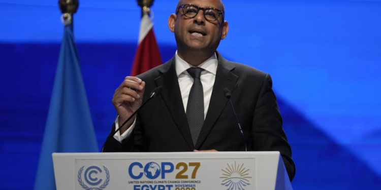 FILE - Simon Stiell, U.N. climate chief, speaks during a closing plenary session at the COP27 U.N. Climate Summit, Sunday, Nov. 20, 2022, in Sharm el-Sheikh, Egypt. Stiell acknowledges nations didn’t do anything additional to address climate change itself at the summit, reducing emissions of heat-trapping gases. The progress made last year at the meeting in Glasgow was maintained, he said. “There was no backtracking". (AP Photo/Peter Dejong, File)