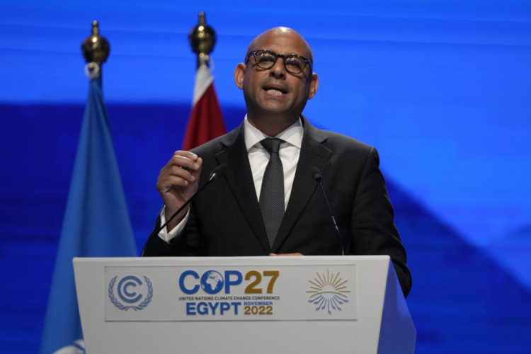 FILE - Simon Stiell, U.N. climate chief, speaks during a closing plenary session at the COP27 U.N. Climate Summit, Sunday, Nov. 20, 2022, in Sharm el-Sheikh, Egypt. Stiell acknowledges nations didn’t do anything additional to address climate change itself at the summit, reducing emissions of heat-trapping gases. The progress made last year at the meeting in Glasgow was maintained, he said. “There was no backtracking". (AP Photo/Peter Dejong, File)