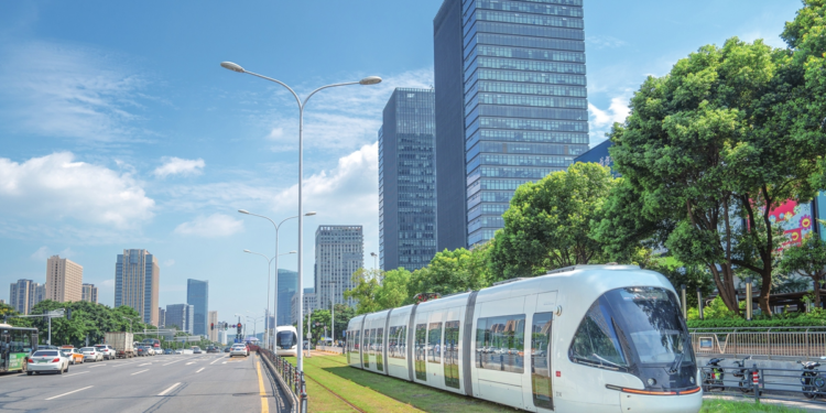 An "Optics Valley Quantum" electric tramcar in Central China's Wuhan adopts various ecological and energy-saving technologies. Photo: VCG