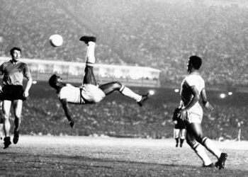 Pele’s scissors kick, 1968, an inventive play in the game. Credit: Associated Press