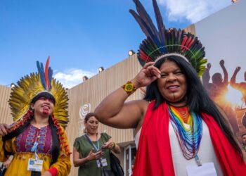 Sonia Guajajara, Indigenous activist, environmentalist and politician from Brazil, right, socializes with woman after holding a panel on Indigenous Women from the Amazon, at the COP27 U.N. Climate Summit, in Sharm el-Sheikh, Egypt, Monday, Nov. 14, 2022. (AP Photo/Nariman El-Mofty)