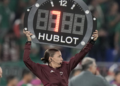 Referee assistant Stephanie Frappart of France shows 7 minutes overtime during the World Cup group C soccer match between Mexico and Poland, at the Stadium 974 in Doha, Qatar, Tuesday, November 22, 2022. (AP Photo/Moises Castillo)
