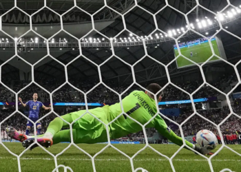 Croatia's goalkeeper Dominik Livakovic saves from Japan's Maya Yoshida during a penalty shootout at the end of the World Cup round of 16 soccer match between Japan and Croatia at the Al Janoub Stadium in Al Wakrah, Qatar, Monday, Dec. 5, 2022. (AP Photo/Frank Augstein) (AP Photo/Frank Augstein)