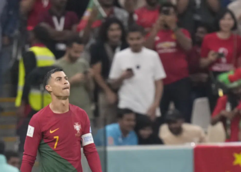 Portugal's Cristiano Ronaldo look on during the World Cup round of 16 soccer match between Portugal and Switzerland, at the Lusail Stadium in Lusail, Qatar, Tuesday, Dec. 6, 2022. (AP Photo/Darko Bandic)
