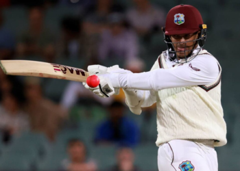 West Indies' Tagenarine Chanderpaul bats against Australia on the second day of the 2nd Test match in Adelaide, on Friday. (AP PHOTO)