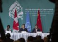 Elizabeth Maruma Mrema, Executive Secretary of the Secretariat of the Conference of Biological Diversity, left to right, Huang Runqiu President of the COP 15 and Minister of Ecology and Environment of China listens as Steven Guilbeault, Minister of Environment and Climate Change Canada, speaks during a press conference at the COP 15 summit on biodiversity, in Montreal, Saturday, Dec. 17, 2022. (Peter McCabe /The Canadian Press via AP)
