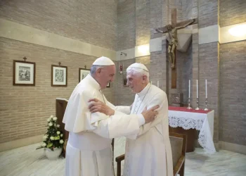 FILE - Pope Francis, left, embraces Emeritus Pope Benedict XVI, at the Vatican, June 28, 2017. Pope Francis on Wednesday, Dec. 28, 2022, said his predecessor, Pope Emeritus Benedict XVI, is “very sick," and he asked the faithful to pray for the retired pontiff so God will comfort him “to the very end.” (L'Osservatore Romano/Pool Photo via AP, File)