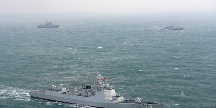 Chinese and Russian warships take part in a joint naval exercise, Joint Sea 2022, in the East China Sea on Dec. 21, 2022. Chinese and Russian navies on Wednesday kicked off a joint naval exercise, Joint Sea 2022, in the East China Sea. (Photo by Xu Wei/Xinhua)