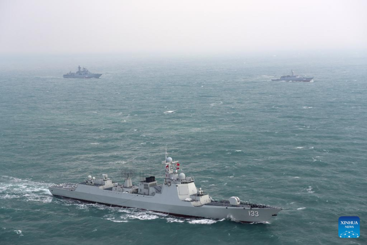 Chinese and Russian warships take part in a joint naval exercise, Joint Sea 2022, in the East China Sea on Dec. 21, 2022. Chinese and Russian navies on Wednesday kicked off a joint naval exercise, Joint Sea 2022, in the East China Sea. (Photo by Xu Wei/Xinhua)