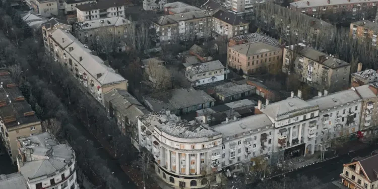 An aerial view of Bakhmut, the site of the heaviest battles with the Russian troops, in the Donetsk region, Ukraine, Friday, Dec. 9, 2022. (AP Photo/LIBKOS)