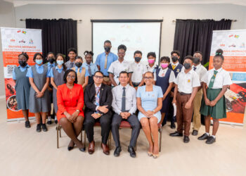 SBM Offshore’s Human Resource Manager, Onecia Johnson; SBM Offshore’s General Manager, Martin Cheong; Deputy Chief Education Officer for Amerindian Hinterland Education Development, Mr. Marti DeSouza; SBM Offshore’s Trainee Programme Coordinator, Ms. Nevellean Dundas, and students at the launch of the Guyana-Monaco Mousetrap Car Grand Prix.