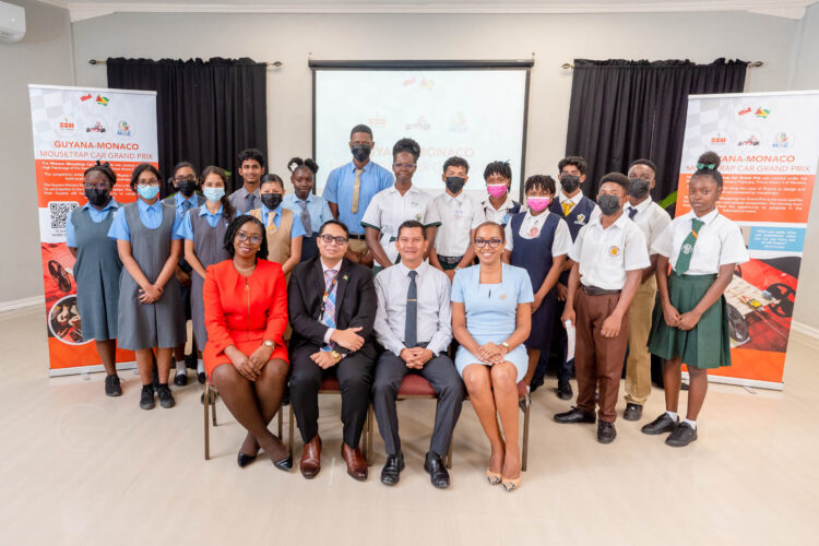 SBM Offshore’s Human Resource Manager, Onecia Johnson; SBM Offshore’s General Manager, Martin Cheong; Deputy Chief Education Officer for Amerindian Hinterland Education Development, Mr. Marti DeSouza; SBM Offshore’s Trainee Programme Coordinator, Ms. Nevellean Dundas, and students at the launch of the Guyana-Monaco Mousetrap Car Grand Prix.