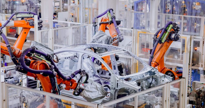 Automated robots weld car parts in a workshop of FAW-Volkswagen Automotive Co. Ltd., a Sino-German joint venture, in Qingdao, Shandong Province, on December 20, 2022 (XINHUA)