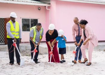 Education Minister, Priya Manickchand, Permanent Secretary, Alfred King, Project donor, Teddy Mohammed, student, Assistant Chief Education Officer with responsibility for Special Education Needs (SEN), Keon Cheong, and Senior SEN Officer, Nikoya Alleyne turning sod for the aquatic therapy pool