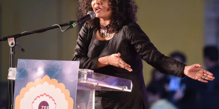 Indian journalist Rana Ayyub speaks during the launch of her self published book 'Gujarat Files' in New Delhi in May 2016. On March 29, 2022, Ayyub was prevented from flying to Europe to speak about online violence on female journalists. Hindustan Times via Getty Images