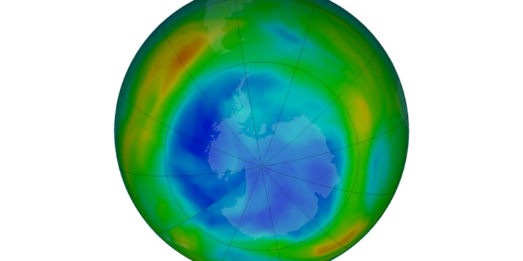 An image from NASA showing the ozone hole over Antarctica on August 17, 2021. The purple and blue colors are where there was the least ozone, and the yellows and reds are where there was more ozone.
