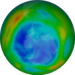 An image from NASA showing the ozone hole over Antarctica on August 17, 2021. The purple and blue colors are where there was the least ozone, and the yellows and reds are where there was more ozone.