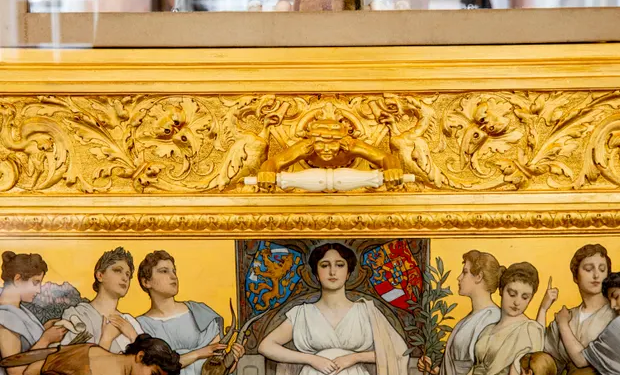 The Golden Coach of the Dutch royal family on display at the Amsterdam Museum. There is an ongoing debate about the artefact as it includes depictions of colonialism. Photograph: Patrick van Katwijk/Getty Images