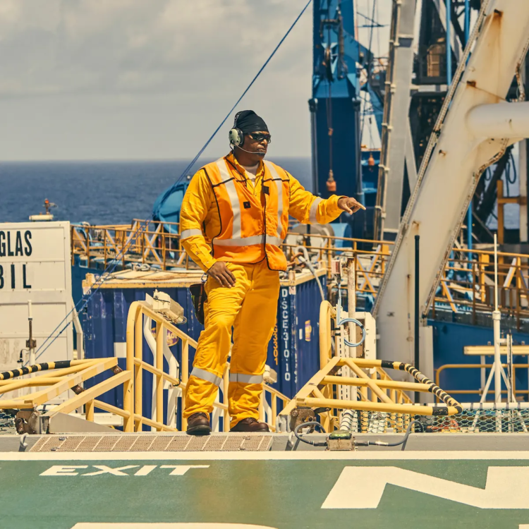 The Bob Douglas drill ship operated by Noble Energy for ExxonMobil floats 120 miles offshore of Guyana in 2018. It was drilling the first production oil well in Guyana’s history. Photograph: Christopher Gregory/The Guardian