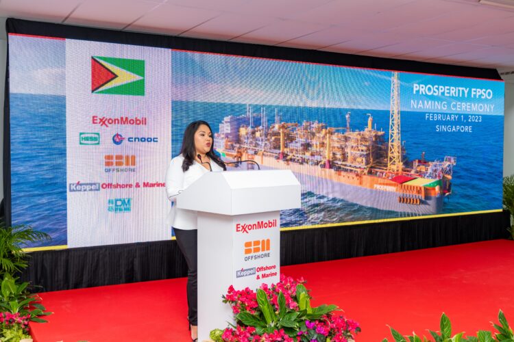 First Lady Arya Ali addressing officials and staff of companies involved in the construction and operation of the Prosperity at the dedication ceremony at Keppel Shipyard in Singapore on Wednesday