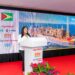 First Lady Arya Ali addressing officials and staff of companies involved in the construction and operation of the Prosperity at the dedication ceremony at Keppel Shipyard in Singapore on Wednesday