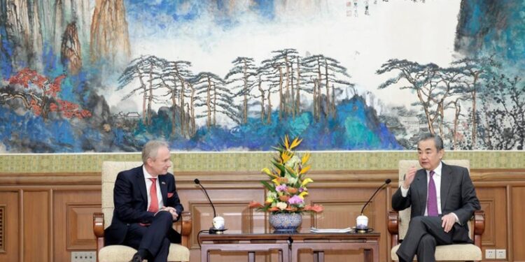 Wang Yi, a member of the Political Bureau of the Communist Party of China (CPC) Central Committee and director of the Office of the Foreign Affairs Commission of the CPC Central Committee, meets with President of the 77th United Nations General Assembly Csaba Korosi in Beijing, capital of China, Feb. 2, 2023. (XINHUA)