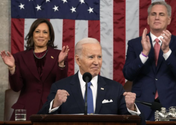 President Joe Biden delivers the State of the Union address to a joint session of Congress at the U.S. Capitol, Tuesday, Feb. 7, 2023, in Washington, as Vice President Kamala Harris and House Speaker Kevin McCarthy of Calif., applaud. (Jacquelyn Martin, Pool)