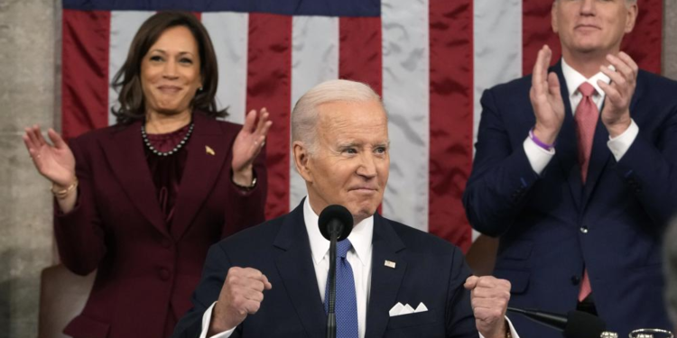President Joe Biden delivers the State of the Union address to a joint session of Congress at the U.S. Capitol, Tuesday, Feb. 7, 2023, in Washington, as Vice President Kamala Harris and House Speaker Kevin McCarthy of Calif., applaud. (Jacquelyn Martin, Pool)