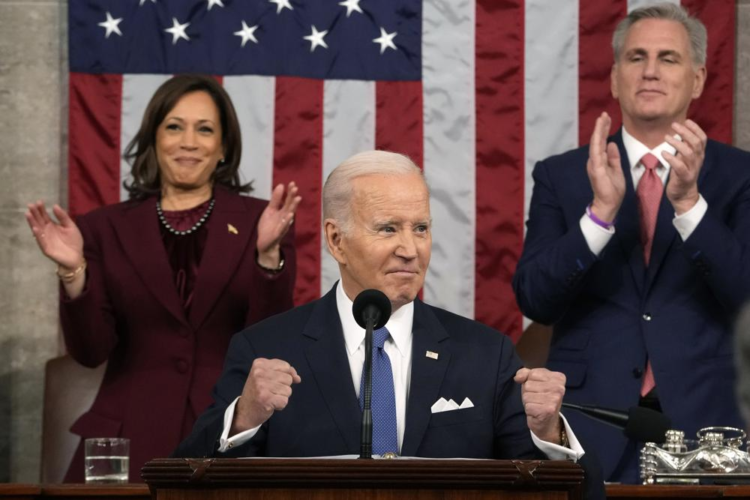 President Joe Biden delivers the State of the Union address to a joint session of Congress at the U.S. Capitol, Tuesday, Feb. 7, 2023, in Washington, as Vice President Kamala Harris and House Speaker Kevin McCarthy of Calif., applaud. (Jacquelyn Martin, Pool)