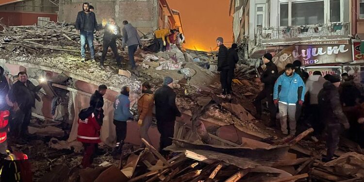A view of the destroyed buildings after earthquakes jolt Türkiye's Malatya province, February 6, 2023. /CFP