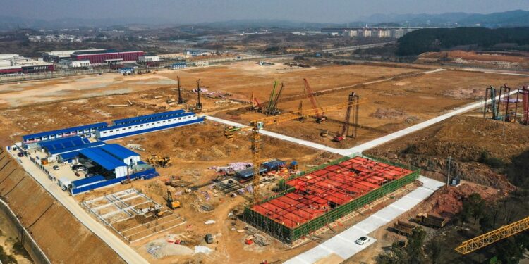 This aerial photo taken on Feb. 1, 2023 shows the construction site of an aerospace industry incubator project in Gui'an New Area, southwest China's Guizhou Province. (Xinhua/Yang Wenbin)