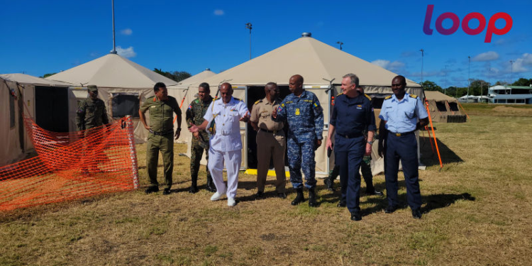 Caribbean defence heads joined by UK Admiral Sir Tony touring the field medical facility at the Garrison in Barbados.