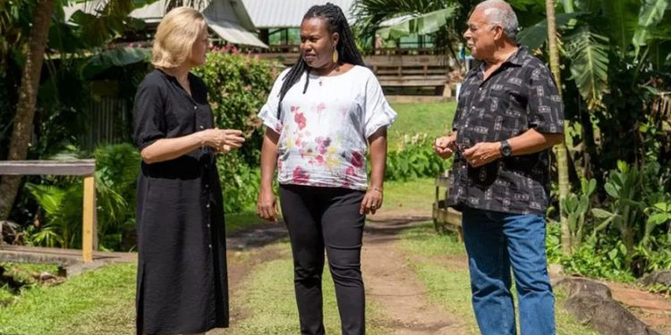 Laura Trevelyan (left) explores a former slave plantation on Grenada during her visit in 2022. (BBC)