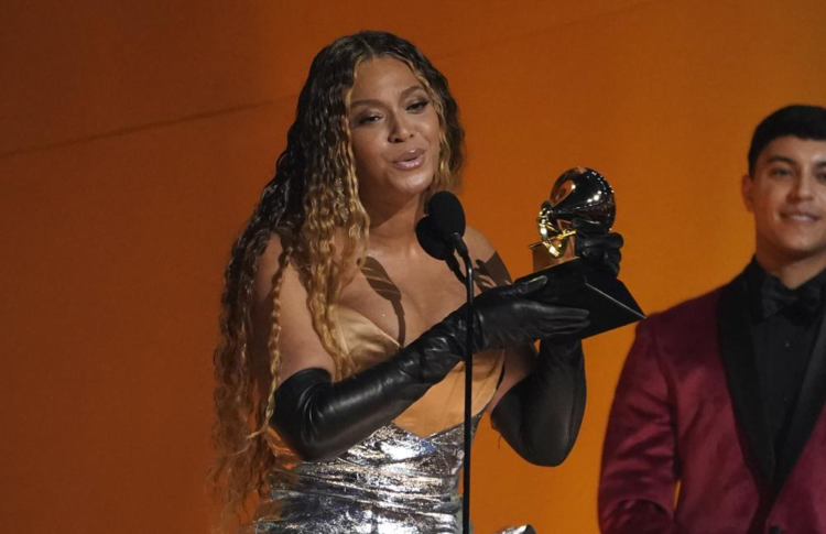 Beyonce accepts the award for best dance/electronic music album for "Renaissance" at the 65th annual Grammy Awards on Sunday, Feb. 5, 2023, in Los Angeles. (AP Photo/Chris Pizzello)