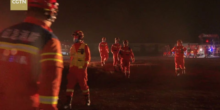 Rescue workers are seen at the site of a collapsed coal mine in Alxa League, Inner Mongolia Autonomous Region, China, in this screengrab taken from a video shot February 23, 2023. CGTN/Handout via REUTERS.