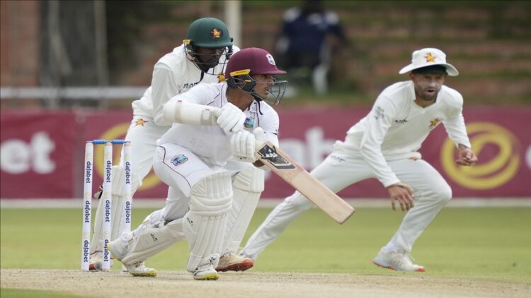 West Indies batsman' Tagenarine Chanderpaul plays a shot, on the first day of the Test cricket match between Zimbabwe and the West Indies, at Queens Sports Club, in Bulawayo, Zimbabwe, Saturday, Feb. 4, 2023. (AP Photo/Tsvangirayi Mukwazhi)
