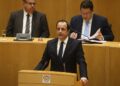 Nikos Christodoulides (front) speaks during a swearing-in ceremony at the parliament in Nicosia, Cyprus, on Feb 28, 2023. [Photo/Xinhua]