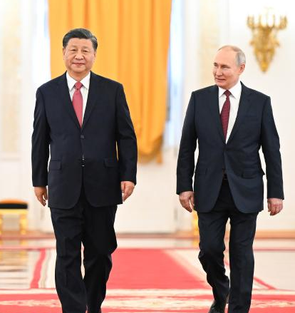 Russian President Vladimir Putin holds a solemn welcome ceremony for Chinese President Xi Jinping at the St. George's Hall at the Kremlin in Moscow, Russia, March 21, 2023. Xi on Tuesday held talks with Putin in Moscow. (Xinhua/Xie Huanchi)