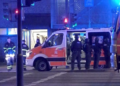 [1/7] Emergency workers and police gather at the scene following a deadly shooting in Hamburg, Germany, March 9, 2023 in this still image taken from video. NONSTOP NEWS via Reuters TV/Handout via REUTERS