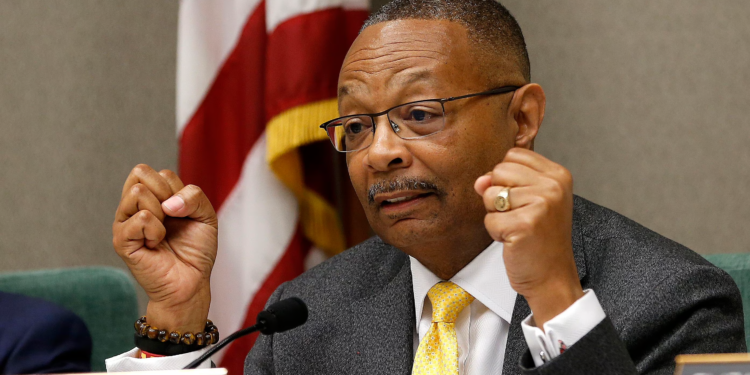 In this April 9, 2019 file photo, Assemblyman Reginald Jones-Sawyer, D-Los Angeles, chairman of the Assembly Public Safety Committee, discusses legislation to restrict the use of deadly force by police, during a hearing on the measure in Sacramento, Calif. Jones-Sawyer is one of two lawmakers on the reparations task force responsible for mustering support from state legislators and Gov. Gavin Newsom before any reparations could become reality.(AP Photo/Rich Pedroncelli, File)