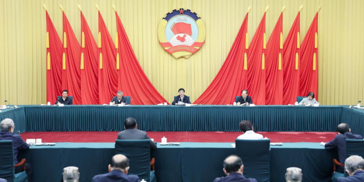 Wang Huning, a member of the Standing Committee of the Political Bureau of the Communist Party of China Central Committee and chairman of the Chinese People's Political Consultative Conference (CPPCC) National Committee, presides over the third Chairperson's Council meeting of the 14th CPPCC National Committee and delivers remarks in Beijing, capital of China, March 27, 2023. (Xinhua/Yao Dawei)