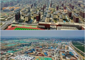 This combo photo shows the aerial view of the Rongxi area on March 31, 2023 (up) and the construction site of it on July 3, 2021 in Xiong'an New Area, north China's Hebei Province. (Xinhua/Mu Yu)